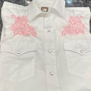 Vintage Karma pearl buttons western White Shirt with Pink Floral Embroidery